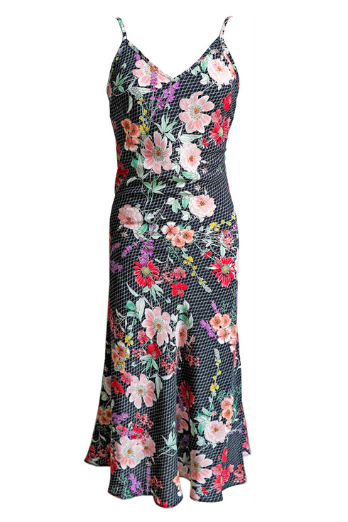 Shalom "Fishnet Floral" Bias Cut Silk Slip Dress